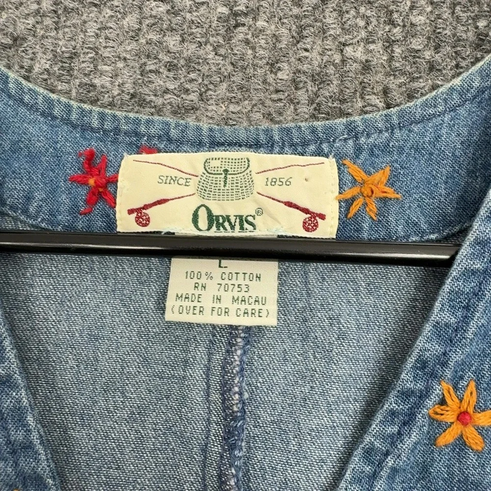 Vintage Orvis Vest Women L Blue Denim Floral Embroidered Cotton Boho Cottagecore - Picture 2 of 6